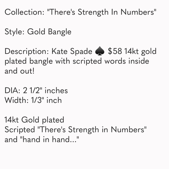 Kate Spade ♠️"THERE'S STRENGTH IN NUMBERS" 14kt Gold Plated Scripted Bangle! - Picture 2 of 5